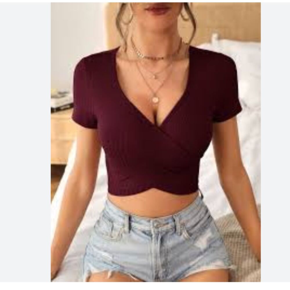 Brick Red Cross Wrap Crop Top, V Neck Rib Knit With Ruffled Edge Sleeves